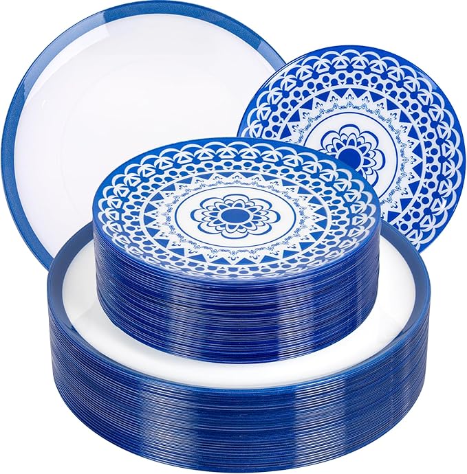 EI 60pcs Blue Plastic Plates Disposable Blue and White Floral Baroque Plastic Plates Fancy Decorative Plate Disposable Heavy Duty with Retro Classic Art Suitable for for Party,Birthday,Wedding