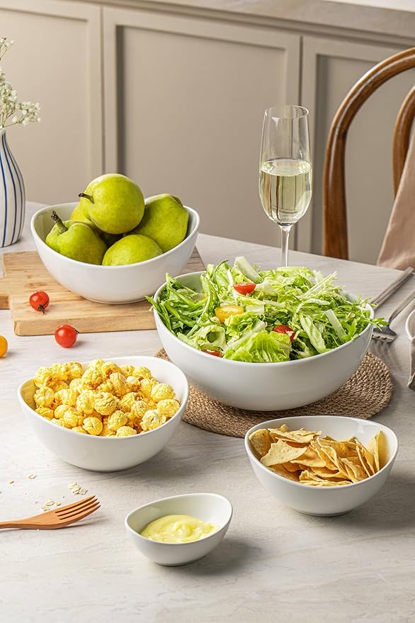 Porcelain Bowls, 32 OZ Ceramic Serving Bowls for Pasta, Stackable Set of 6 Plates for Condiment Souup, Cereal, Ramen, Pure White (7 Inch(32 Ounce))
