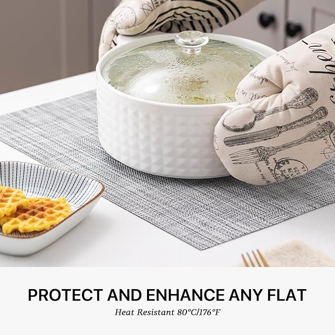 LEXMORE Placemats Set of 6 Vinyl/Plastic Woven Place Mats for Kitchen Table Indoor/Outdoor Washable Placemat Wipeable Dining Table Mats(Gray)