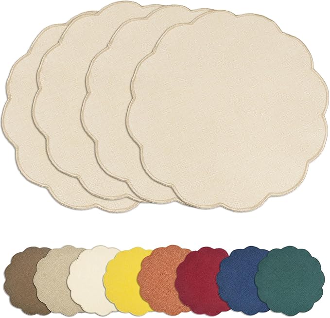 AHHFSMEI Round Faux Linen Placemats Set of 4 Waterproof Table Mats Heat Resistant Non-Slip and Stain Proof for Kitchen Dining Elegant Decor (Beige,4)