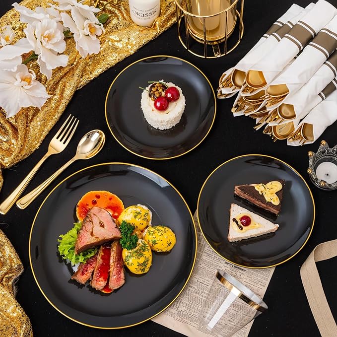 KIRE 60PCS Black Plastic Plates - Black Disposable Plates with Gold Rim for Halloween Party/Graduation - Include 30Pcs 10.25inch for Dinner and 30Pcs 7.5inch for Dessert
