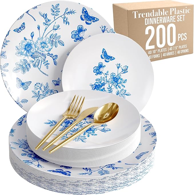 Trendables Fancy Plastic Dinnerware Sets 200 Pc Set 40 Guests Gold Silverware Disposable 40 X 10 Inch Charger Plates 40 X 8 Inch Dessert Plates 40 x Gold Plastic Forks and Spoons Knives In Botanical