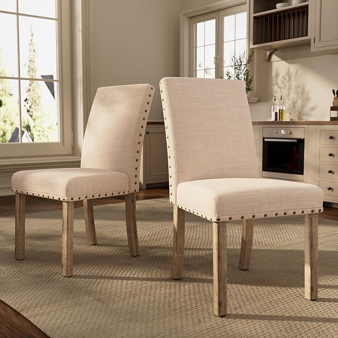 Morden Fort Farmhouse Style Dining Chairs Set of 2, Rustic Upholstered Kitchen & Dining Room Chairs with Rivet Detailing, Solid Wood Legs & Sturdy Wooden Chair Design for Comfortable Seating