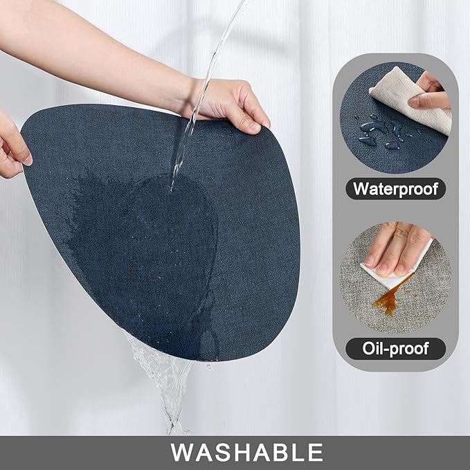 Placemats and Coasters, Washable Reversible Placemats Round Faux Leather Wipeable Place Mats Non Slip Heat Resistant Indoor Outdoor Table Mats (Set of 6, Gray Blue)