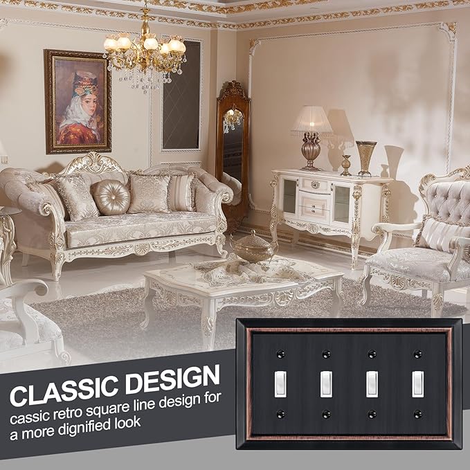 Metal Wall Plate for Electrical Outlets, Decorative Aged Bronze Switch Plates Outlet Cover, Light Switch Cover Plate, 4-Gang Wall Plates (Quad Toggle, 1 Pack)