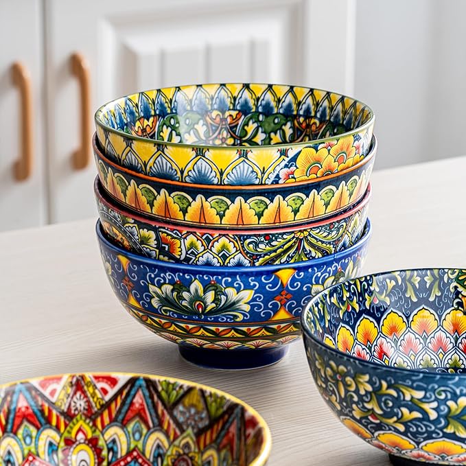 Henten Home Ceramic Soup Bowls Set of 6, Bohemia 22 oz Cereal Bowls Set, Porcelain Serving Bowls for Oatmeal, Salad, Pasta, Fruit, Decorative, Microwave & Dishwasher Safe