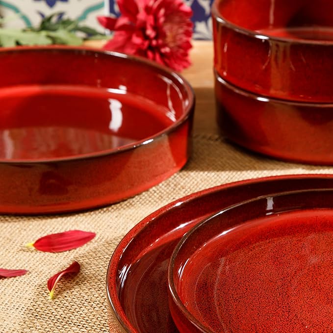 Bloomhouse - Two Time Oprah's Favorite Things Winner - Santorini Mist Double Bowl Terracotta Reactive Glaze Plates and Bowls Dinnerware Set - Garnet Red, Service for Four (16pcs)