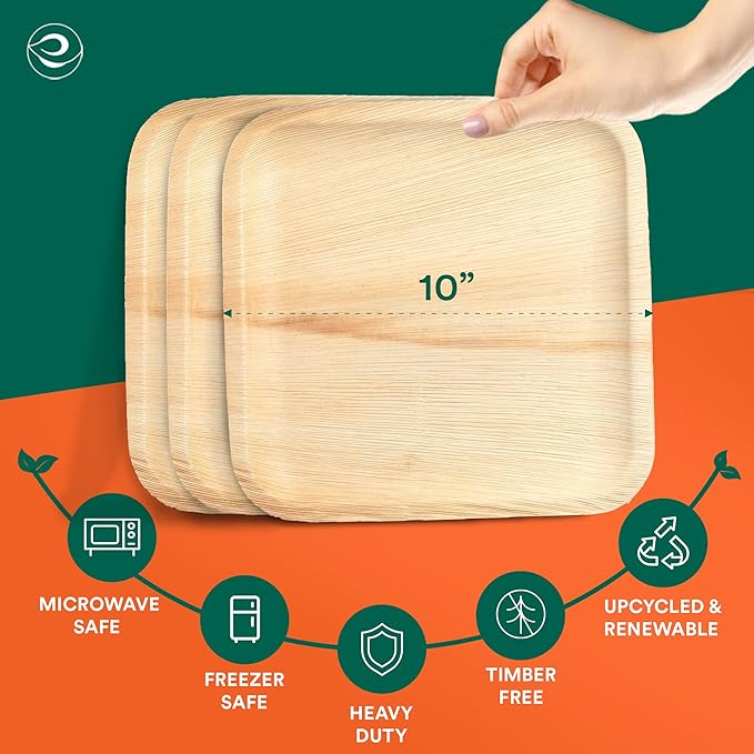 ECO SOUL Palm Leaf Disposable Bamboo Plates 10" Square Compostable & Biodegradable Party Plates for Dinner, Weddings, Parties & Events 50 Count