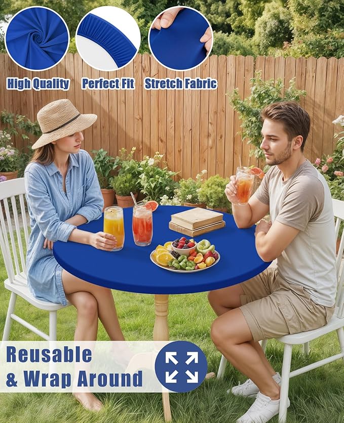 Round Spandex Tablecloth 2 Pack, Elastic Fitted Waterproof Tablecloths for 57"-68" Tables, Stretch Washable Picnic Table Cover for Camping, Dining, Indoor and Outdoor, Blue