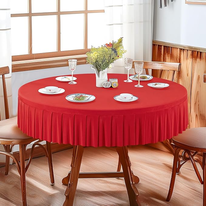 4 Pack Red Spandex Round Tablecloths for 72in Table, Stretchy Fitted 6FT Round Table Cloths, Wrinkle Free Table Cover with Skirt for Wedding Birthday Party Bridal Shower Banquet