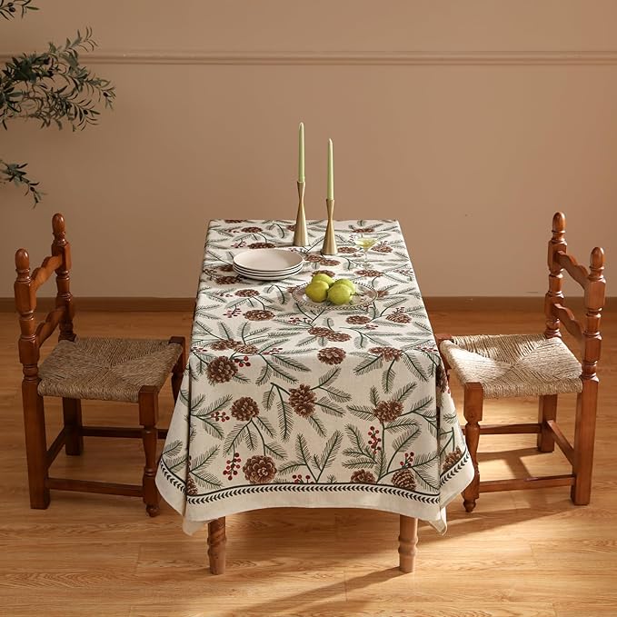 ISAENNE Designer Christmas Beige Linen Small Square Tablecloth,Pinecones Pattern Indoor Tablecloths,Washable Decor Table Cloth for Dining Thanksgiving Kitchen Christmas,55"*55"-Carol B