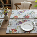 DaDa Bedding Tropical Paradise Floral Blue Roses Placemats - Set of 4 Tapestry Nature Birds Exotic Flowers Botanical Garden Berries - Decorative Linen Woven Kitchen Dining Table Mats - 13” x 19”