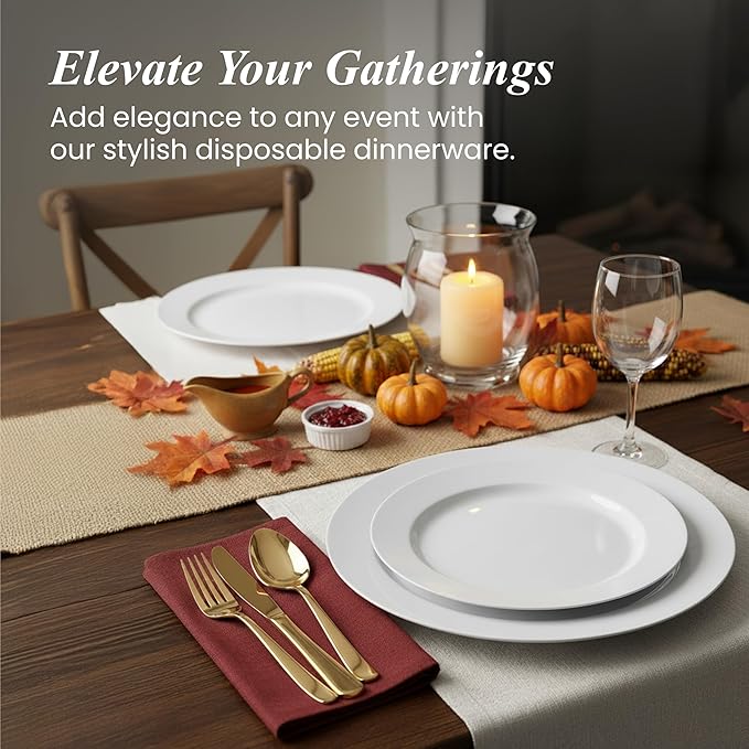 Aya’s 60 Pack Plastic Plates for Party - Heavy Duty Disposable Plate Set with 30 Dinner and 30 Salad Plates - Durable Round White Thanksgiving Plate for Weddings, Holidays, Events, and Gatherings