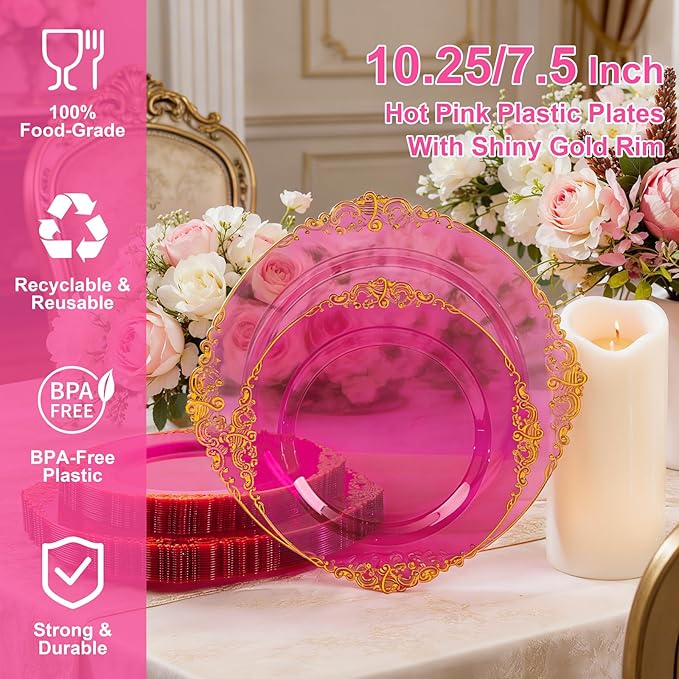 102PCS Clear Hot Pink Plastic Plates - Pink Disposable Plate with Gold Rim - Hot Pink Party Plates Include 51PCS 7.5inch Dessert & 10.25inch Dinner Plate for Wedding Birthday Valentine's Day