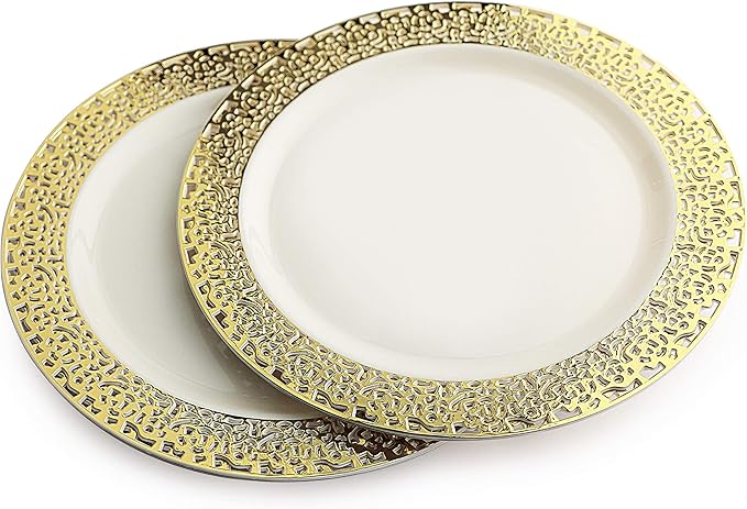 OCCASIONS 120 Plates Pack,(60 Guests) Premium Wedding Party Disposable Plastic Plates Set -60 x 10.25'' Dinner + 60 x 7.5'' Salad/Dessert (Florence Ivory/Gold)