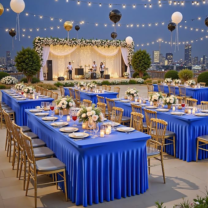 Wish Care 6 Pack Royal Blue Spandex Table Clothes for 6 Foot Rectangle Tables, 6FT Wrinkle Free Fitted Tablecloths Ruffles Design Table Cloth for Party, Banquet, Wedding and Events