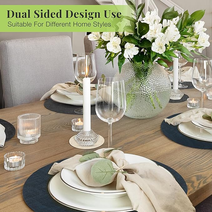 13-Inch Faux Leather Round Placemats Set of 4, Waterproof Anti-Slip Dual Sided Place mats, Heat Resistant Washable Table Mats with Coaster, Suitable for Indoor & Outdoor (4, Black Navy Blue)