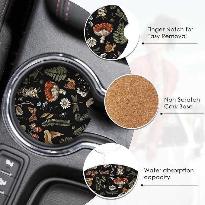 2 Pack Woodland Mushroom Car Coasters for Cup Holders Absorbent 2.56", Vintage Moth Witch Floral, Decoration Flower Wood Fern Leaf Herbs Botanical Ceramic Drink Coasters Cork Base Gift for Women Men