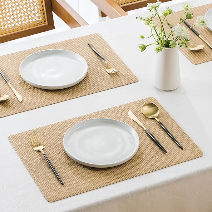 Jovono Faux Leather Placemats Set of 6, Waterproof Washable Table Mats, Easy-Clean Heat Resistant Kitchen Vinyl Place Mat for Dining Table, Restaurant, Indoor, 17.8"x11.8", Yellow