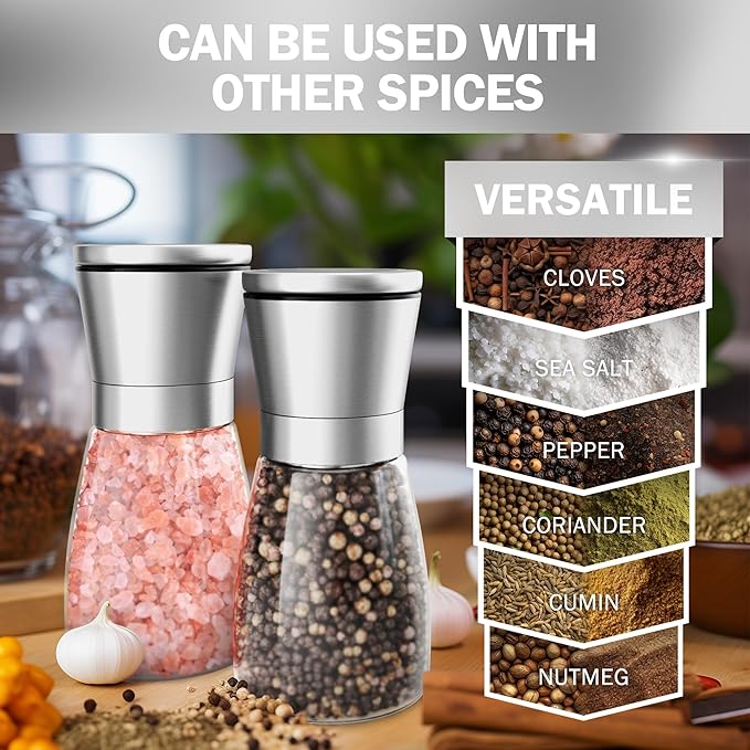 Home EC Original Stainless Steel Sea Salt and Pepper Grinder Set of 2 - Adjustable Ceramic - Glass Salt and Pepper Shakers - Kitchen Pepper Mill & Salt Mill W/Funnel & EBook