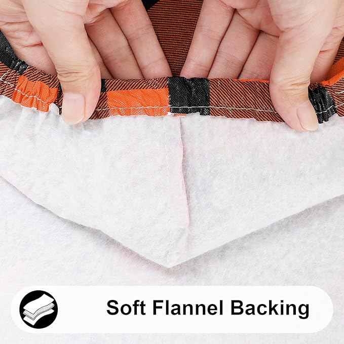 Smiry Rectangle Picnic Table Cloth, Elastic Waterproof Fitted Vinyl Tablecloths, Flannel Backed Buffalo Plaid Table Covers for Dining, Camping, Outdoor (Black and Orange, 30" x 96")