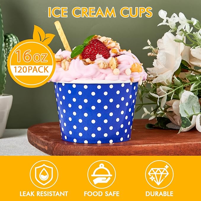 LITOPAK 120 Pack 16 oz Ice Cream Cups, Disposable Dessert Cups for Cold or Hot Food, Coloured Paper Dessert Bowls for Soups, Sundaes, and Ice Cream