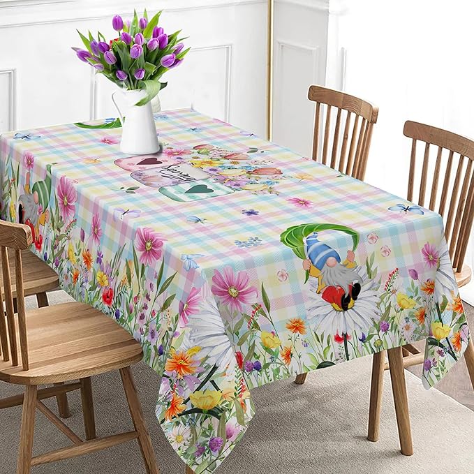 Spring Tablecloth Round, 70 Inch Gnome Flowers Buffalo Check Plaid Kitchen Table Cover for Dining Room Indoor Decor