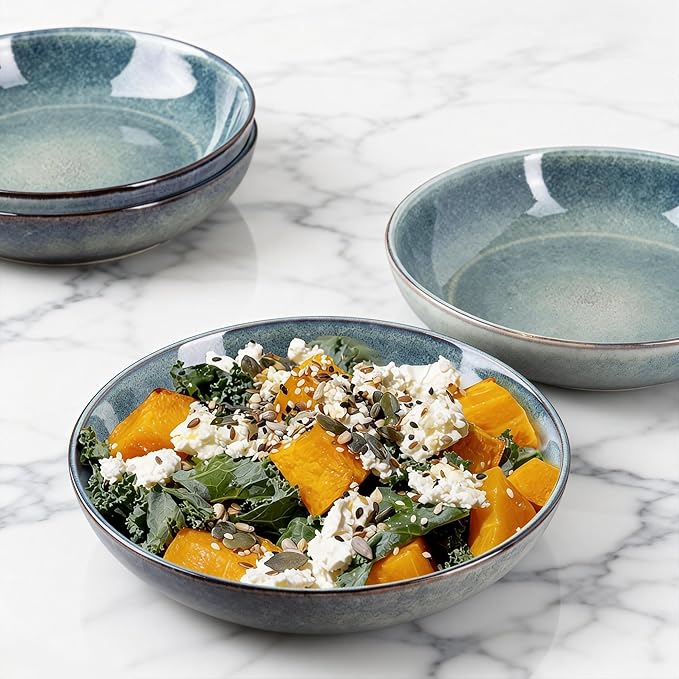 AmorArc 8.5'' Large Ceramic Pasta Bowls Set, 36oz Stoneware Bowls Set of 4 for Kitchen, Reavtive Glaze Bowls-Microwave, Dishwasher Safe for Pasta,Salad,Oatmeal-Ceylon Blue