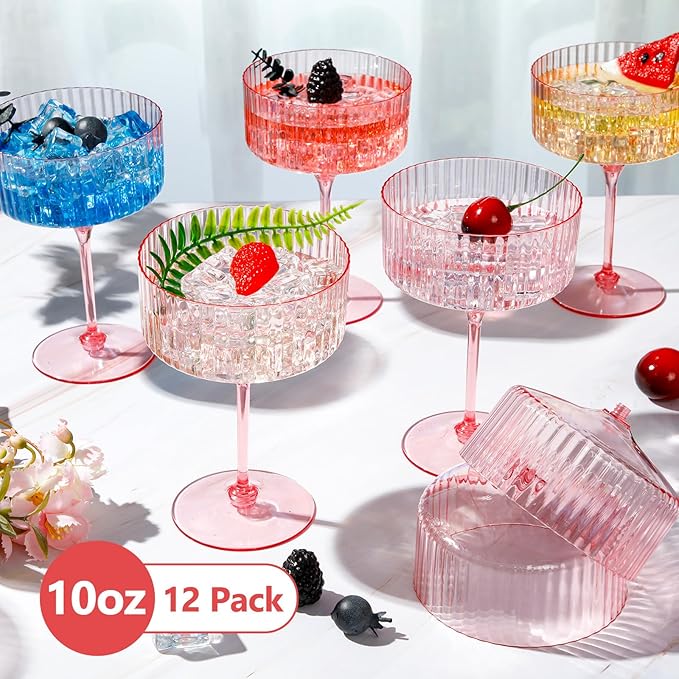 12 Pcs Ribbed Martini Glasses 10 oz Disposable Plastic Vintage Ribbed Coupe Glasses Unbreakable Dessert Parfait Glassware for Wedding Birthday Party Supplies (Pink)