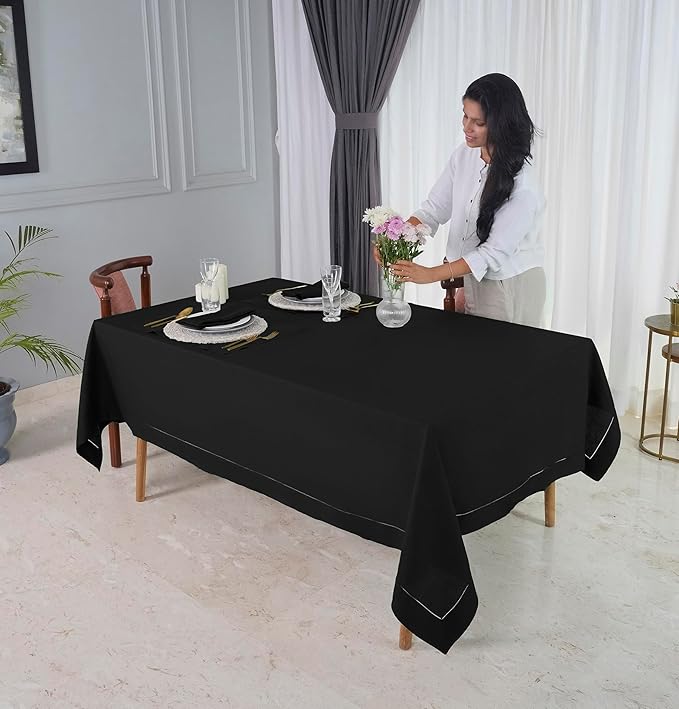 D'Moksha Homes Black Linen Tablecloth for Rectangle Tables 60 x 132 Inch - 100% Pure Linen Black Table Cloth - Classic Hemstitch, Machine Washable Dining Tablecloth for Spring, Easter