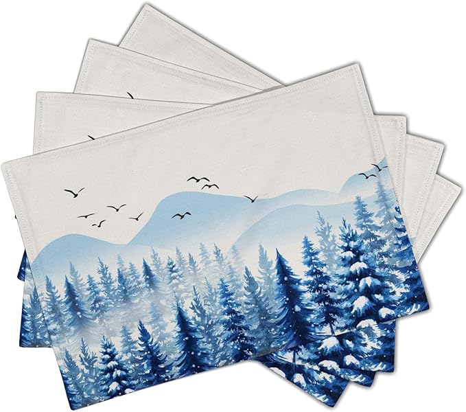 Winter Placemats Set of 4 - Blue Watercolor Xmas Tree Place Mats 12x18 Table Mats White Snow Forest Kitchen Mats for Party Dining Table