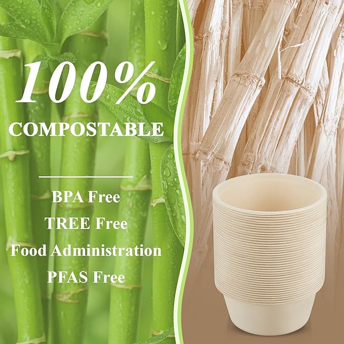 Tessco for you 100 Pack Large Disposable Salad Bowls Deep Heavy Duty Paper Bowls Sugarcane Fiber Compostable Biodegradable Microwave Safe for Hot Cold Soup Ramen Popcorn Pasta(40 oz,Natural Color)