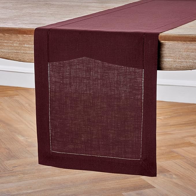 Solino Home Linen Table Runner 48 Inches - 100% Pure Linen Burgundy Hemstitch Table Runner 14 x 48 Inch Ideal for Dresser and Coffee Tables - Winter, Valentines - Classic Hemstitch
