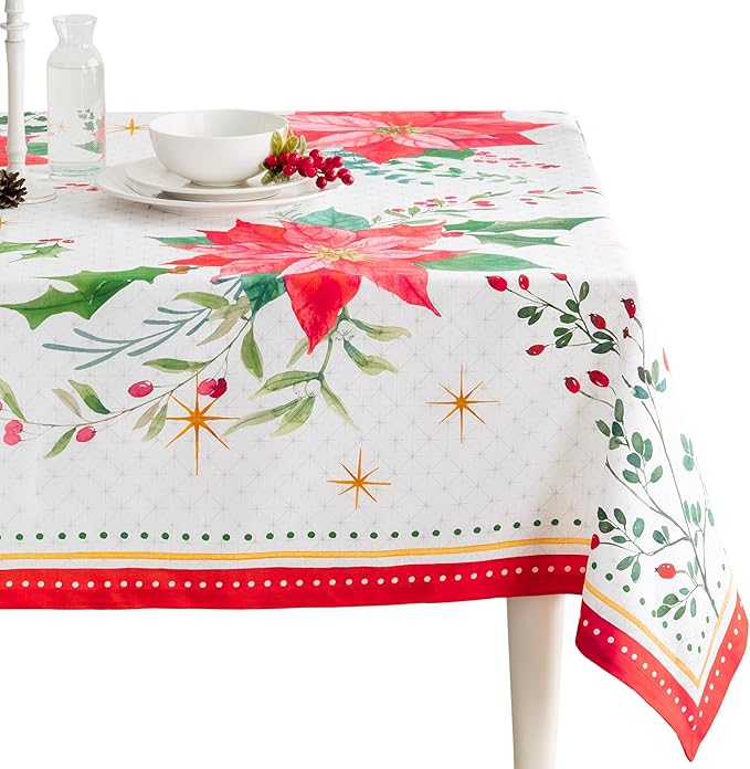 Maison d' Hermine Table Cloth Square Table 100% Cotton 54 x 54 Inches Fall Tablecloth Reusable Everyday Use for Thanksgiving Christmas Decorations Dining Farmhouse Party (Poinsettia Christmas)