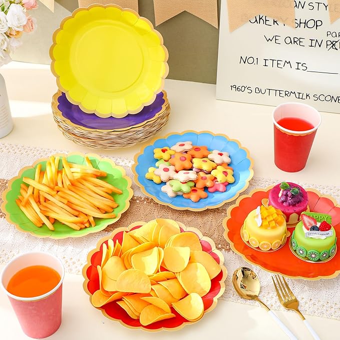 48 Pcs Rainbow Paper Plates 9 Inch Colorful Scalloped Paper Disposable Dinner Dessert Plates for Birthday Wedding Bridal Party Supplies, 6 Colors