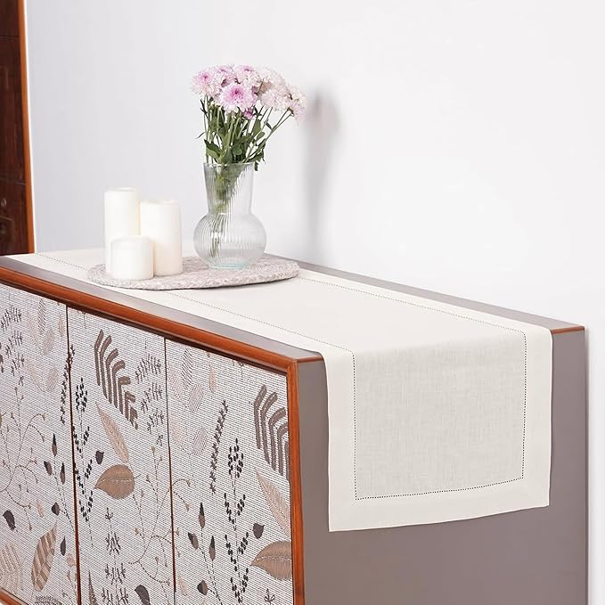 D'Moksha Homes Linen Ivory Table Runner 108 Inches Long - 100% Pure Linen 14 x 108 Inch Table Runner for Valentines, Spring, Easter - Classic Hemstitch