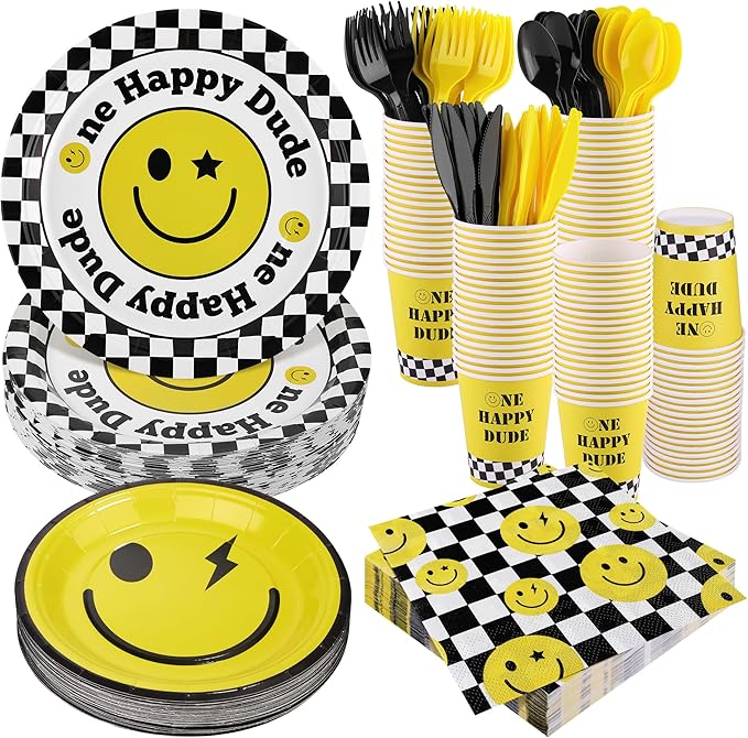 Kochorie 400 Pieces One Happy Dude Disposable Party Tableware Sets Including Plates Cups Napkins Cutlery Serves 50 for Smiley Party 1st Birthday Preppy Party Decorations