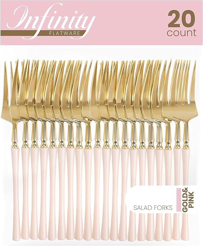 PlasticPro 20 Count Gold and Pink Plastic Salad Forks Premium Quality Heavy Duty Disposable Elegant Silverware Two Tone Salad Forks for Party