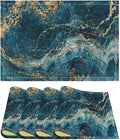 Marble Linen Placemats Set of 4 Modern Abstract Foil Stone Texture Royal Blue Gold Marble Washable Place Mats, Non Slip Placemat for Home Party Dining Tables Wedding Kitchen Banquets Decor 12x17 Inch