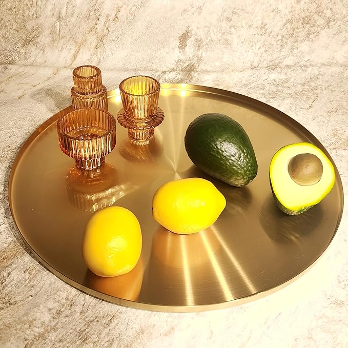 I-LAN Light Gold Metal Decorative Vanity Tray,Bathroom Round Mirror Finish Golden Serving Tray Platter,Brass Circle Table Tray Accent Dresser Perfume Bottle Storage Tray for Display,14"X0.4"