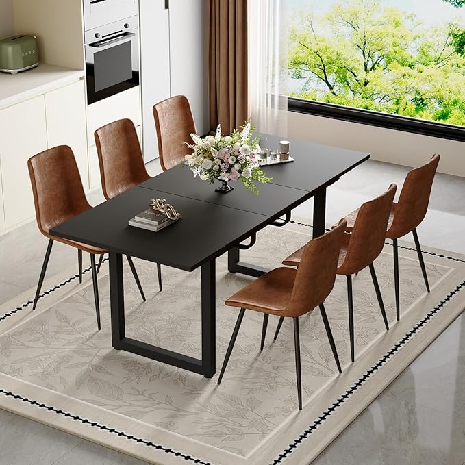 Modern Dining Table Set for 6, 55"-71" Extendable Dining Room Table Set for 6, Black Kitchen Table with 6 Upholstered Chairs, Space-Saving for Dining Room Apartment, Easy Assembly