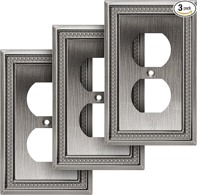 Henne Bery Sunken Pearls Heavy Duty Decorative Wall Plate Switch Plate Outlet Cover (Single Duplex, 3 Pack, Heirloom Silver)