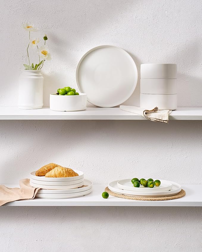 Famiware Porcelain Dinnerware Set, 18-Piece Modern Plate and Bowl Set, dish set for 6, Microwave and Dishwasher Safe Tableware, White