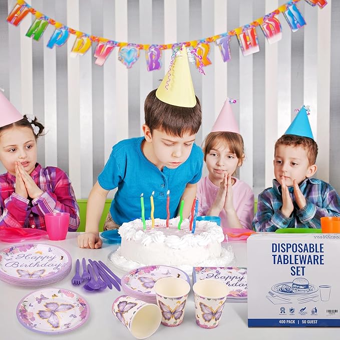 Kochorie 400 Pieces Butterfly Disposable Party Tableware Sets Including Plates Cups Napkins Cutlery Serves 50 for Butterfly-themed Party Birthday Baby Shower Girls Party Decorations