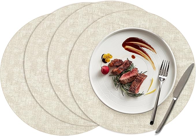 15 inch Faux Leather Round Placemats Set of 4 Non-Slip Washable Wipeable Table Mats, Heat Resistant Waterproof Oilproof Place Mats for Kitchen, Dining, Party, Indoor, Outdoor Beige
