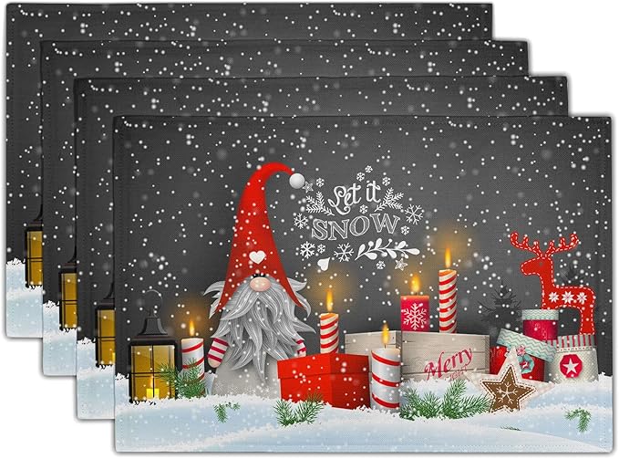 Giwawa Christmas Gnome Placemats, Xmas Elf Reindeer Place Mat for Kitchen Dining, Winter Snowflakes Non-Slip Washable Table Mats for Tabletop Holiday Camping Decor, Set of 4, 12"x18"