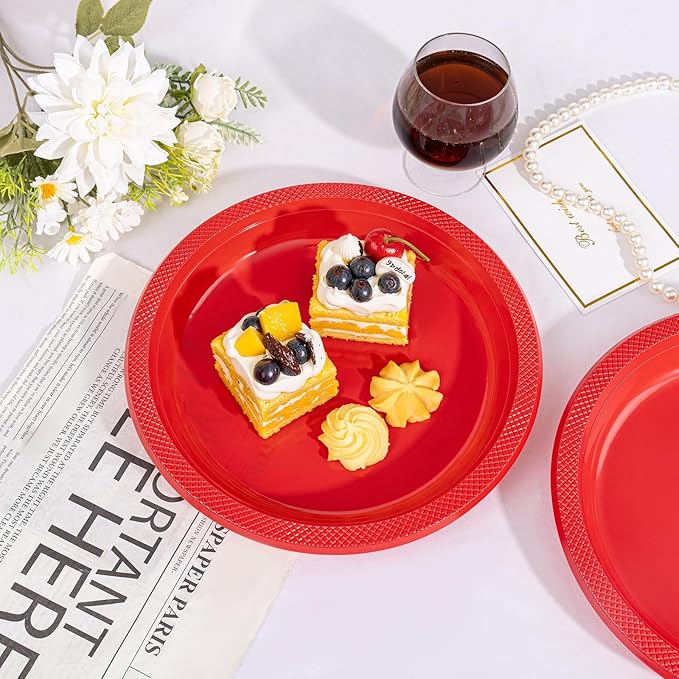 WELLIFE Red Party Plates 10 Inch -150 Count, Plastic Disposable Plates for Valentine's Day Dinner Party Easter Mother's Day