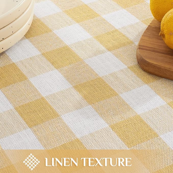 Softalker Checkered Tablecloth Rectangle, Outdoor Linen Cotton Gingham Table Cloth with Tassel, Heavy Duty Wrinkle Free Buffalo Plaid Table Cover for Kitchen Dining Home Party - 55 x 102 Inch, Yellow