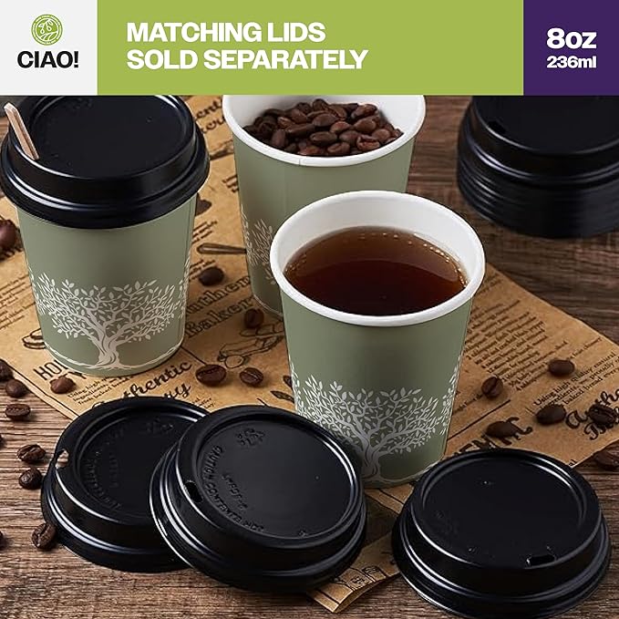 CIAO! 8oz Paper Hot Cup, Rooted Olive Print, (Case of 1,000)