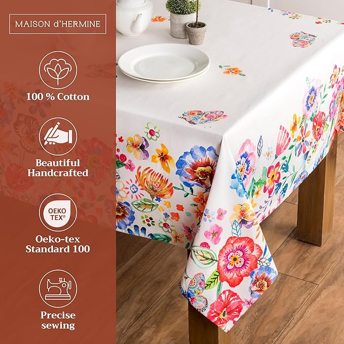 Maison d' Hermine Table Cloth Rectangle Table 100% Cotton 70 x 108 Inches Tablecloth Reusable Decorative for Dining Room Farmhouse Valentines Day Decorations Spring Summer- Happy Florals - High Summer